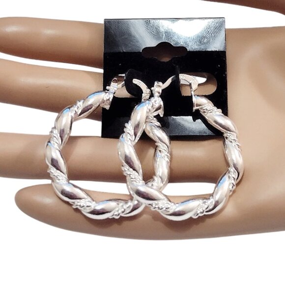 1 1/2" Sterling Silver m925 Winding Twist Hoop Pierced Post Earrings 38mm Large - Picture 3 of 3